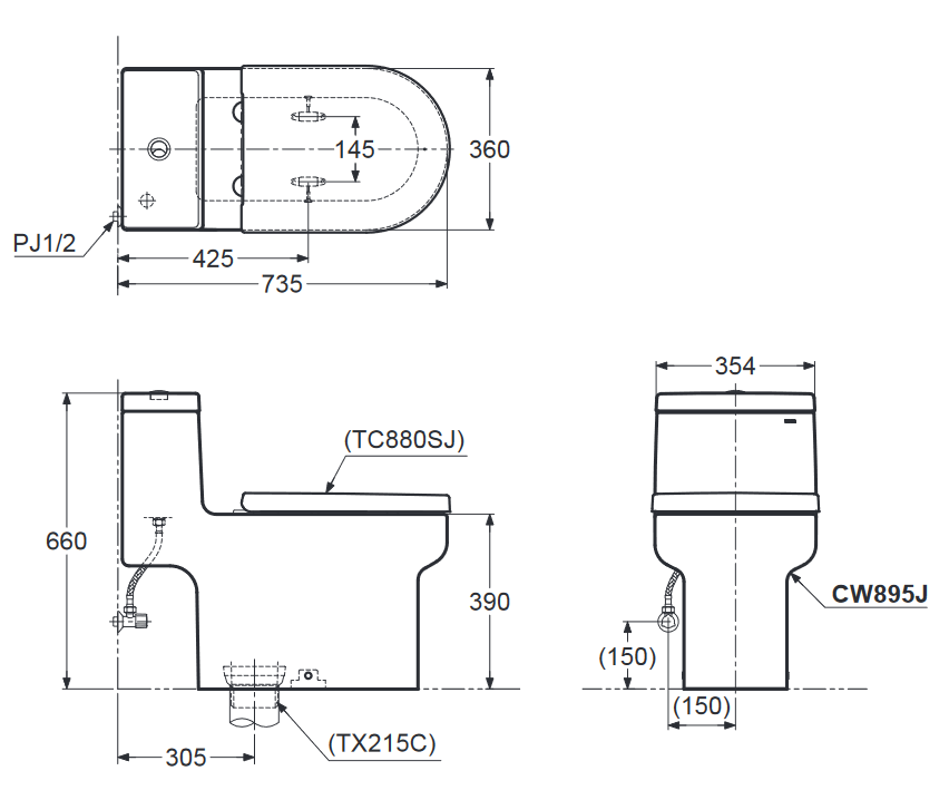 Bản Vẽ Kỹ Thuật Bàn Cầu TOTO 1 Khối CW895JW/F