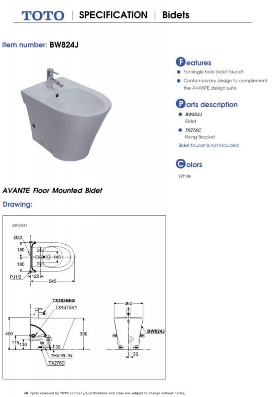 Bản Vẽ Kỹ Thuật Bệt Tiểu Nữ ToTo BW824J