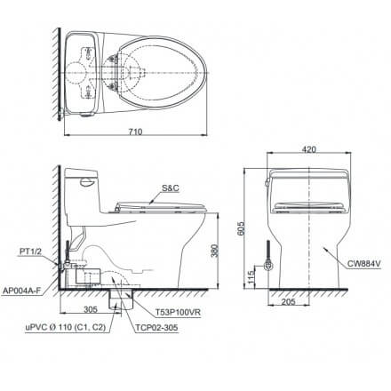 Bản Vẽ Kỹ Thuật Bệt Cầu TOTO 1 Khối MS488T3