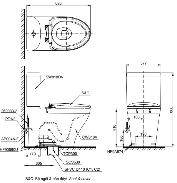 Bản Vẽ Kỹ Thuật Bàn Cầu T 2 Khối CS818DT8