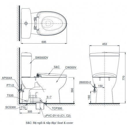 Bản Vẽ Kỹ Thuật Bàn Cầu TOTO 2 Khối CS300DT3Y1