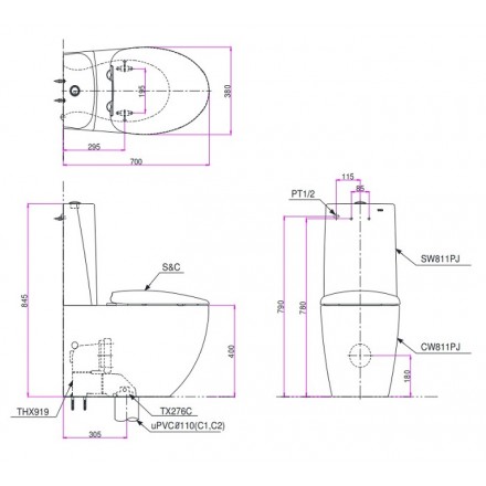 Bản Vẽ Kỹ Thuật Bàn Cầu TOTO 2 Khối CW811PJS#W