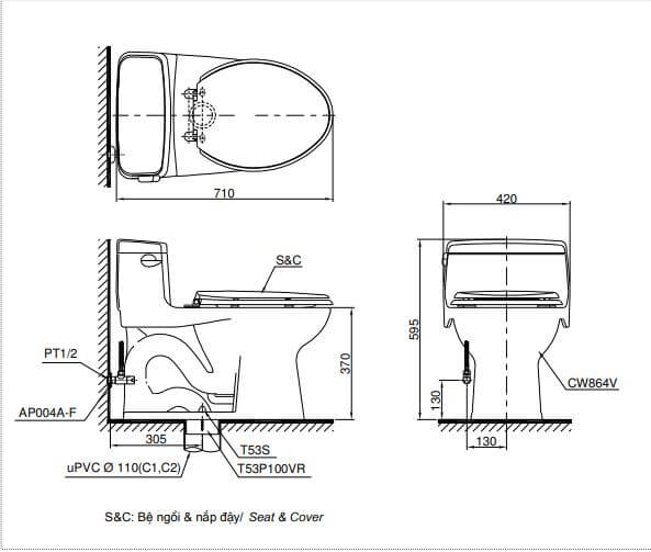 Bản Vẽ Kỹ Thuật Bàn Cầu ToTo 1 Khối MS864T8