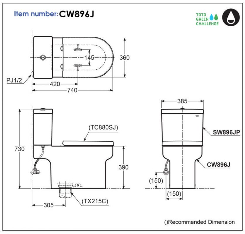 Bản Vẽ Kỹ Thuật Bệt Cầu TOTO 2 Khối CW896J#W