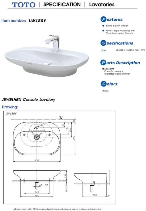 Bản Vẽ Kỹ Thuật Chậu LaVaBo TOTO Chậu LaVaBo TOTO LW180YW