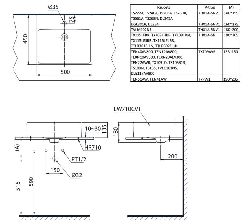 Bản Vẽ Kỹ Thuật Chậu LaVaBo TOTOLT710CTRM