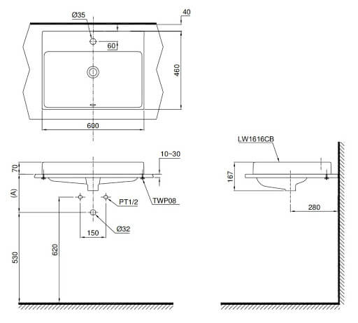 Bản Vẽ Kỹ Thuật Chậu LaVaBo TOTOLW1616CB