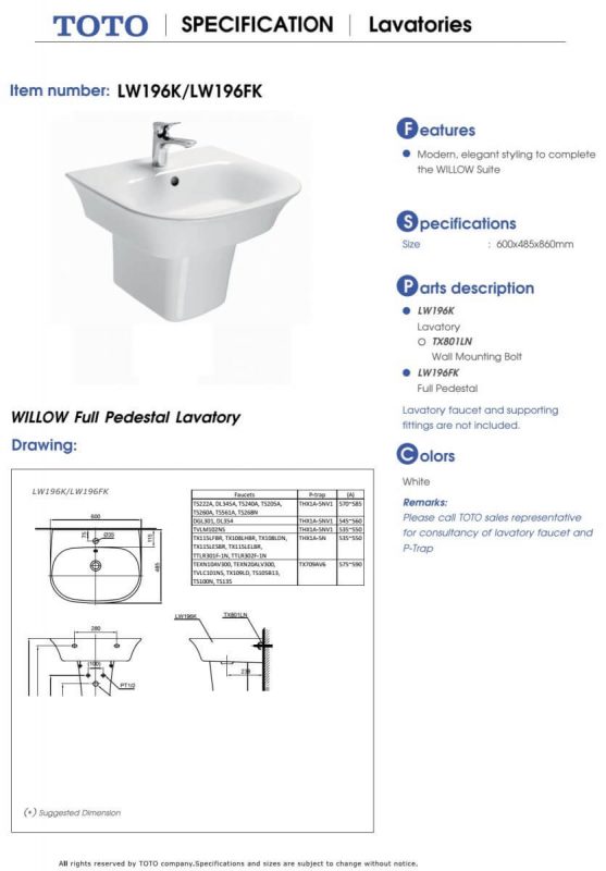 Bản Vẽ Kỹ Thuật Bệ LaVabo ToTo LW196K