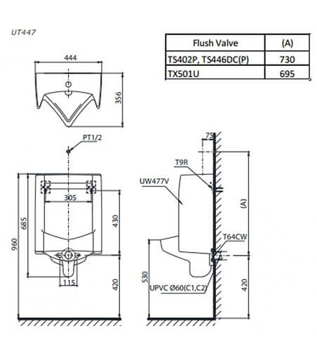 Bản Vẽ Kỹ Thuật Bàn Tiểu Nam ToTo UT447R