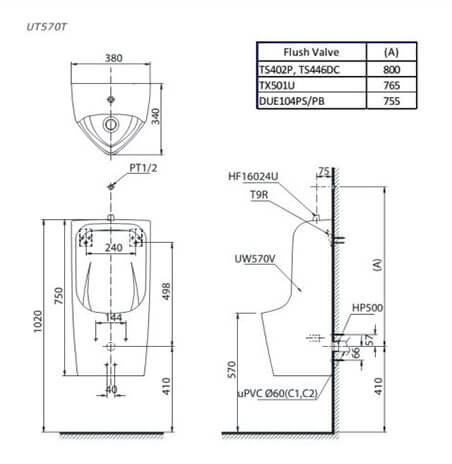 Bản Vẽ Kỹ Thuật Bàn Tiểu Nam ToTo UT570T