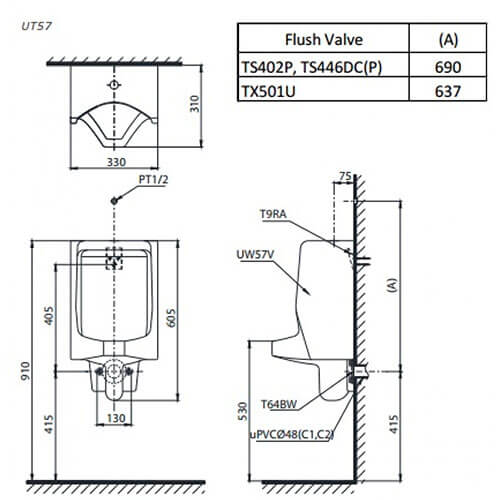 Bản Vẽ Kỹ Thuật Bàn Tiểu Nam ToTo UT57R