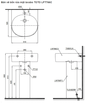 Bản vẽ kỹ thuật chậu rửa ToToLPT766C chân dài