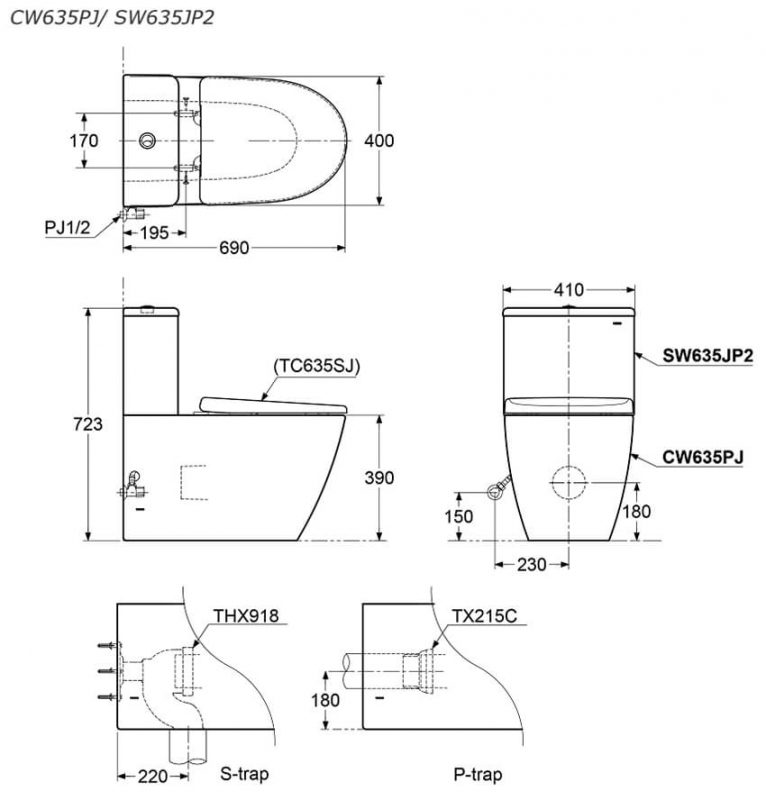 Bản Vẽ Kỹ Thuật Bàn Cầu TOTO 2 Khối CW635PJ#W/SW635JP2#W/THX919
