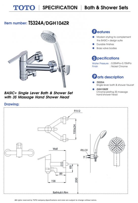 Bản Vẽ Chi Tiết Kỹ Thuật Vòi Sen Tăm ToTo TS324A/DGH104ZR