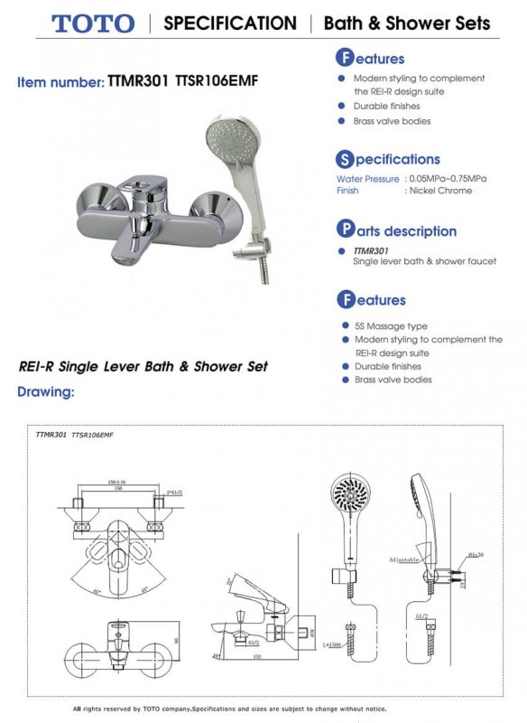 Bản Vẽ Kỹ Thuật Chi Tiết Vòi Sen Tăm ToTo TTMR301/TTSR106EMF