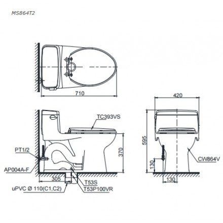 Bản Vẽ Kỹ Thuật Bệt Cầu 1 Khối TOTO MS885DT8