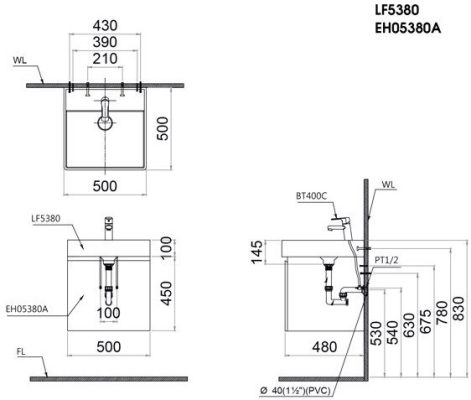 Bản vẽ kỹ thuật Bộ Tủ Lavabo Caesar Treo Tường LF5380/EH05380AV