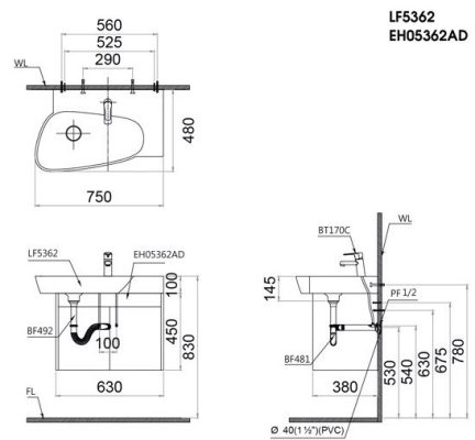 Bản vẽ kỹ thuật Bộ Tủ Lavabo Caesar Treo Tường LF5362/EH05362ADV