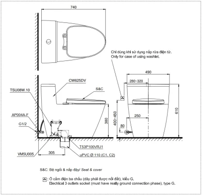 Bản vẽ kỹ thuật của Bàn cầu TOTO một khối MS625CDW14