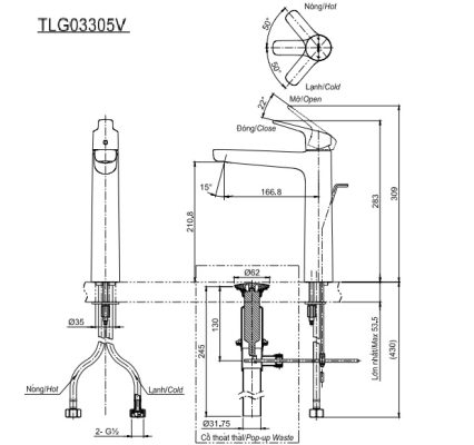 Bản vẽ kỹ thuật vòi nước TOTO nóng lạnh TLG 03305 V