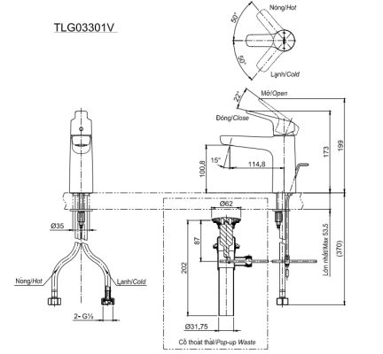 Bản vẽ kỹ thuật vòi nước TOTO nóng lạnh TLG03301 V