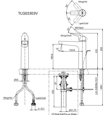 Bản vẽ kỹ thuật vòi nước TOTO nóng lạnh TLG03303V