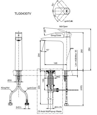 Bản vẽ kỹ thuật vòi nước TOTO nóng lạnh TLG 04307V