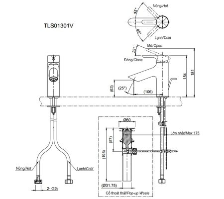 Bản vẽ kỹ thuật vòi nước TOTO TLS01301 V nóng lạnh 