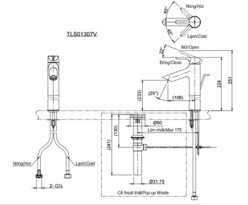 Bản vẽ kỹ thuật vòi nước TOTO TLS 01307 V nóng lạnh
