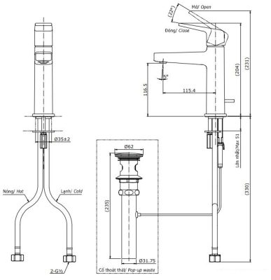 Bản vẽ kỹ thuật vòi nước TOTO nóng lạnh TLG10301V