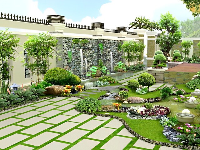 Sân vườn đẹp với cảnh quan hài hòa và gạch lát chất lượng