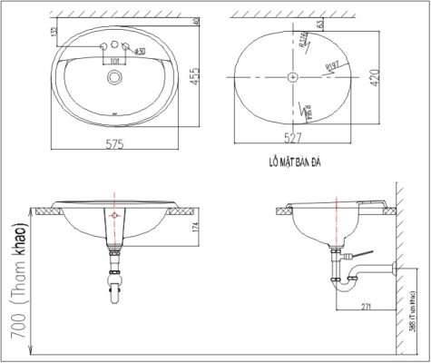 Bản vẽ kỹ thuật chậu rửa dương bàn Inax L-2395V (EC-FC)