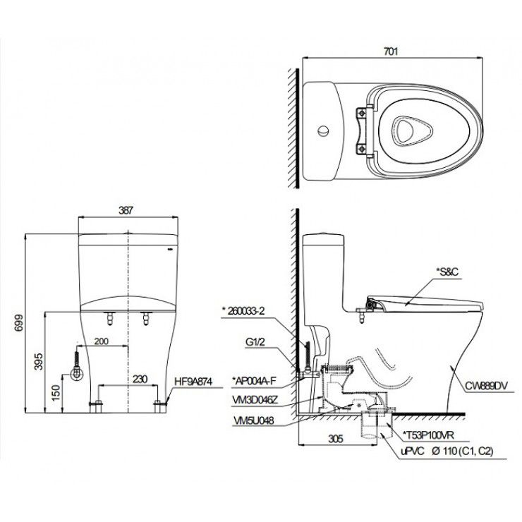 Bản vẽ Bồn Cầu TOTO 1 Khối MS889DRE4