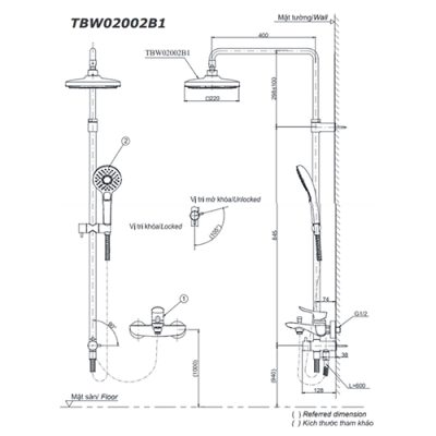 Bản vẽ kỹ thuật cây sen tắm TBW02002B1/TBG04302V/TBW01010A