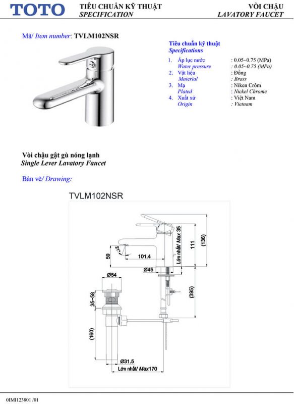Bản Vẽ Kỹ Thuật Vòi LaVaBo TOTOTVLM102NSR