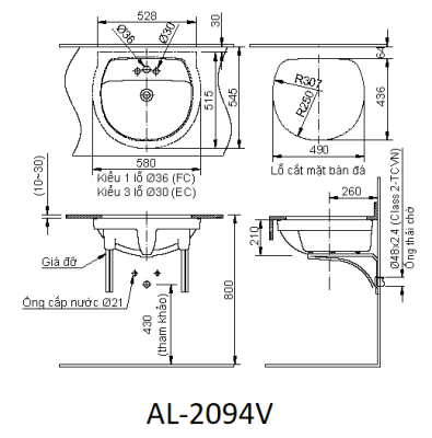 Bản Vẽ Chậu Rửa Mặt Lavabo INAX AL-2094V Đặt Âm Bàn Tinh Tế , Sang Trọng.