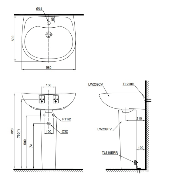 Bản vẽ kỹ thuật chậu rửa chân dài ToToLPT239CR