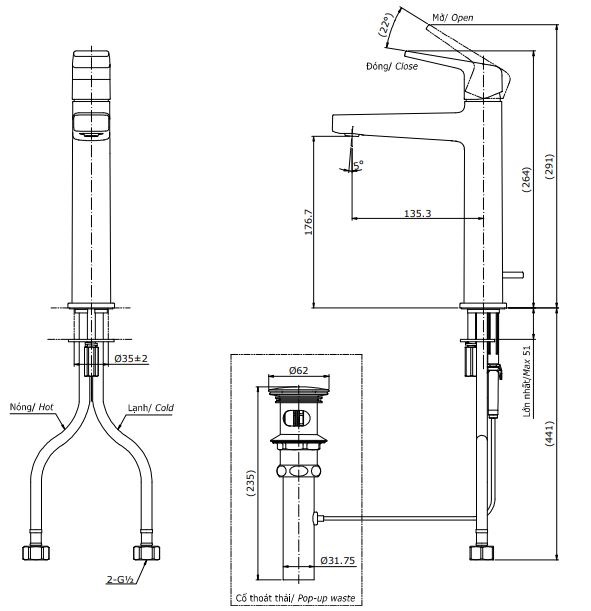 Thông Số Bản Vẽ Kỹ Thuật Vòi LaVaBo Nóng Lạnh