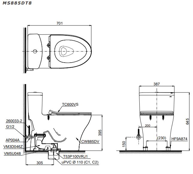 Bản vẽ bồn cầu Toto MS885DT8 1 khối
