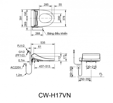 Bản vẽ kĩ thuật Nắp Rửa Điện Tử Inax CW_H17VN