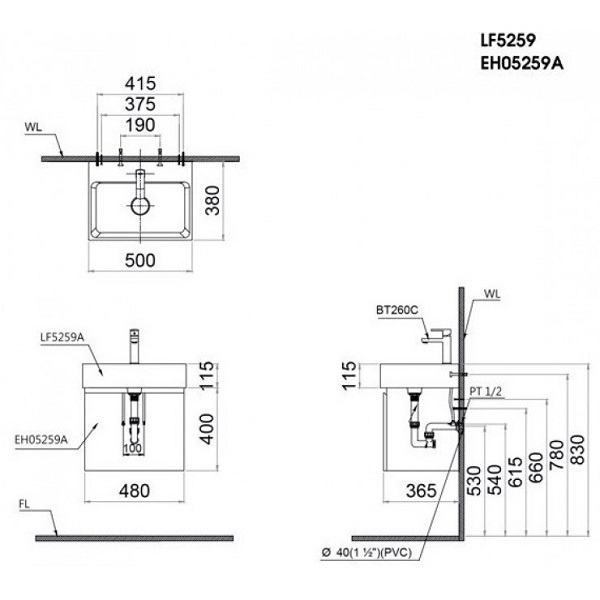 Bản vẽ kỹ thuật bộ tủ lavabo Caesar LF5259 EH05259ATG màu xám đậm