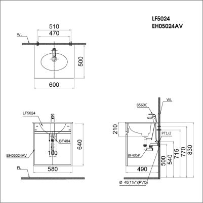 Bản vẽ kỹ thuật chậu rửa mặt LF5024 EH05024AV treo tường