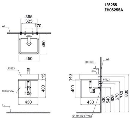 Bản vẽ kỹ thuật bộ tủ lavabo caesar LF5255/EH05255AV