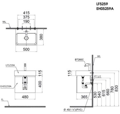 Bản vẽ kỹ thuật bộ tủ lavabo Caesar LF5259 EH05259AW màu vân gỗ