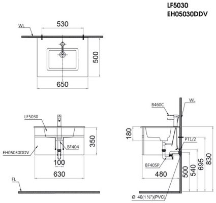 Bản vẽ chậu rửa mặt LF5030+EH05030DDV treo tường