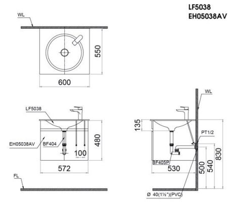 Bản vẽ kỹ thuật chậu rửa mặt LF5038 + EH05038AV treo tường