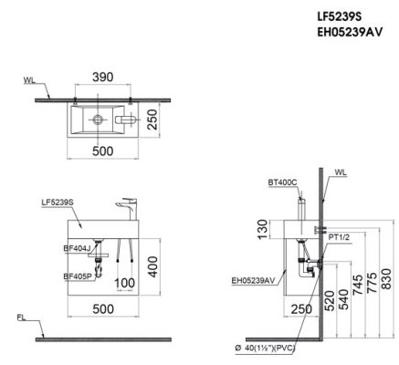 Bản vẽ tủ lavabo rửa tay Caesar LF5239S + EH05239AV