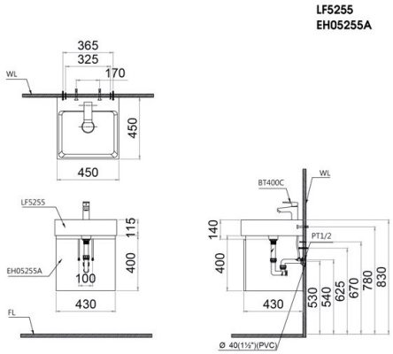 Bản vẽ bộ tủ lavabo treo tường Caesar LF5255/EH05255ATG