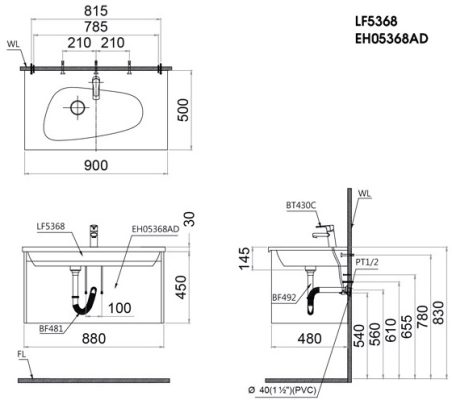Bản vẽ kỹ thuật Bộ Tủ Lavabo Caesar Treo Tường LF5368/EH05368ADV