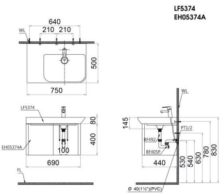 Bộ Tủ Lavabo Caesar Treo Tường LF5374/EH063V